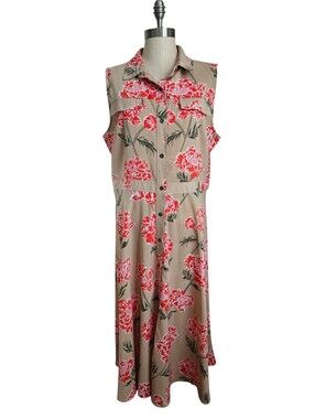 BANANA REPUBLIC FACTORY Tan Pink Floral Button Down Midi Dress | SZ 14